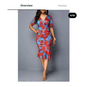 Women's Blue/Red Midi floral Dress Ruched Side Size Large